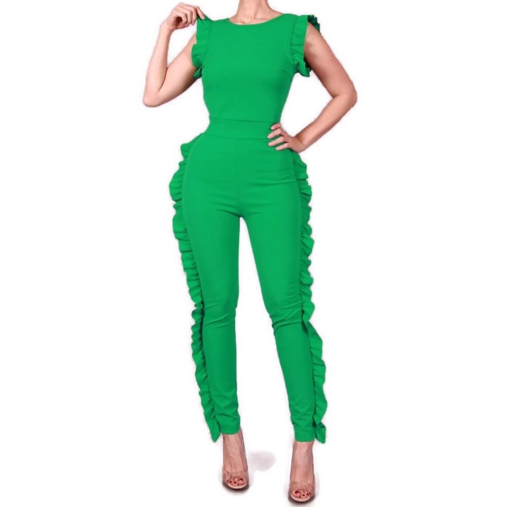 Summer Green Bodycon Casual Ruffle Jumpsuit